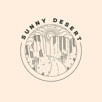 sunny desert vintage line art and road logo vector symbol illustration design