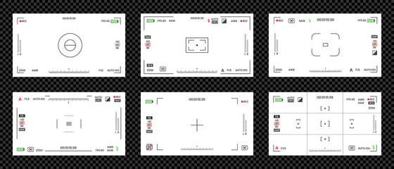 Fototapeta premium Camera viewfinder video or photo frame recorder flat style design vector illustration set. Digital camera viewfinder with exposure settings and focusing grid template.
