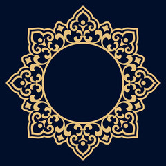 Decorative frame Elegant vector element for design in Eastern style, place for text. Floral golden and dark blue border. Lace illustration for invitations and greeting cards