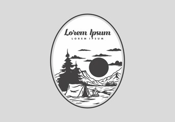 Camping with a bonfire by the lake illustration