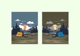 Camping with a bonfire by the lake illustration