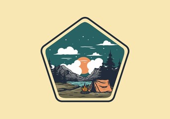 Camping with a bonfire by the lake illustration