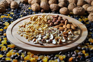 Nut mix. Walnuts, hazelnuts, pine nuts and almonds on a wooden plate.