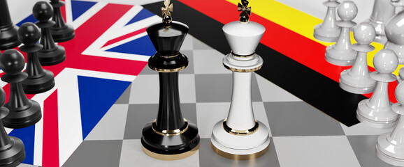 UK England and Germany - talks, debate, dialog or a confrontation between those two countries shown as two chess kings with flags that symbolize art of meetings and negotiations, 3d illustration