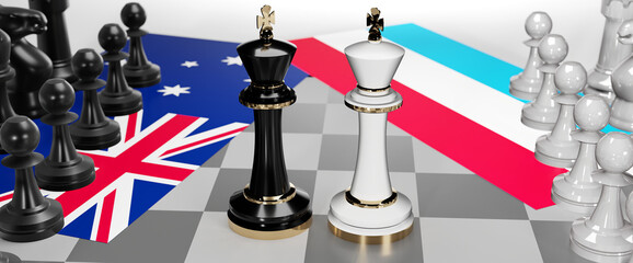 Australia and Luxembourg - talks, debate, dialog or a confrontation between those two countries shown as two chess kings with flags that symbolize art of meetings and negotiations, 3d illustration