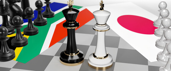 South Africa and Japan - talks, debate, dialog or a confrontation between those two countries shown as two chess kings with flags that symbolize art of meetings and negotiations, 3d illustration