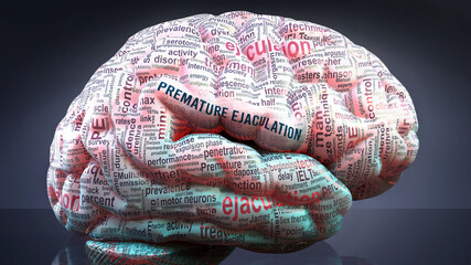 Premature ejaculation in human brain, hundreds of terms related to Premature ejaculation projected onto a cortex to show broad extent of this condition, 3d illustration - obrazy, fototapety, plakaty