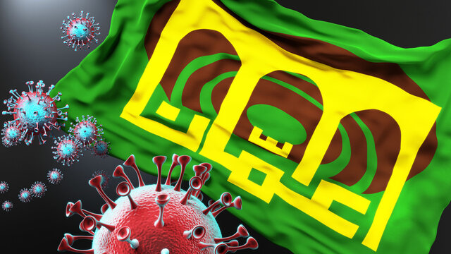 Amman Jordan and covid pandemic - virus attacking a city flag of Amman Jordan as a symbol of a fight and struggle with the virus pandemic in this city, 3d illustration