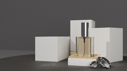 Luxury perfume bottle mockup with white pedestal on grey background.