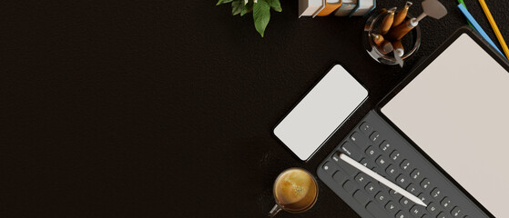 Top view, Workspace with copy space on black background, tablet and mobile phone mockup