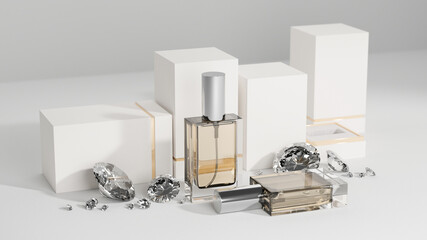 Luxury feminine perfume bottle with white podium and diamonds on white background.