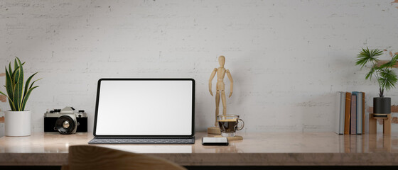 Modern design workplace with digital tablet blank screen mockup