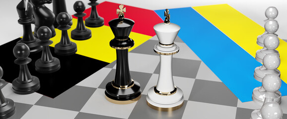 Belgium and Ukraine - talks, debate, dialog or a confrontation between those two countries shown as two chess kings with flags that symbolize art of meetings and negotiations, 3d illustration