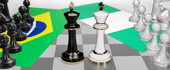 Brazil and Nigeria - talks, debate, dialog or a confrontation between those two countries shown as two chess kings with flags that symbolize art of meetings and negotiations, 3d illustration