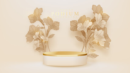 Realistic white product podium showcase with watercolor style hand drawn flowers and glitter effects elements.