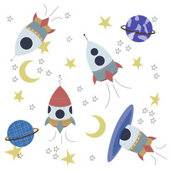 Fototapeta premium Vector of spaceship, Spacecraft, Rocket, planet, stars. Set of cute and colorful icon collection isolated on white background. 