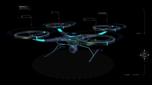 Video showing assimilation of parts of a Drone in animation on black background - Animated Camera Drone assembling and Flying.