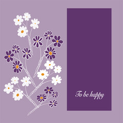 Small white flowers on a lilac background. Festive postcard. Place for your text.