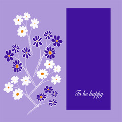 Small white flowers on a lilac background. Festive postcard. Place for your text.