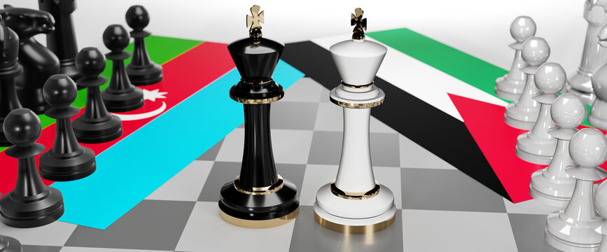 Azerbaijan and Jordan - talks, debate, dialog or a confrontation between those two countries shown as two chess kings with flags that symbolize art of meetings and negotiations, 3d illustration