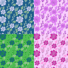 Spring seamless pattern on a dark background. Different color palettes. Lovely flowers with twigs. Vector in flat style.