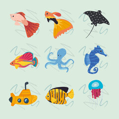 nine sea life fish