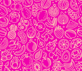 Fruits, exotic fruits and seamless pattern. Vector endless beige on purple background. Vintage engraving style. Perfect for restaurants, cafe, bars and food courts or any web and app projects. 
