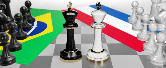 Brazil and Netherlands - talks, debate, dialog or a confrontation between those two countries shown as two chess kings with flags that symbolize art of meetings and negotiations, 3d illustration