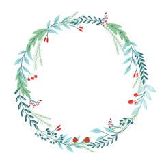 Seasons greatings wreath with floral. Flowers, branches and pine cones. Unique design for your greeting cards, banners, flyers. Vector illustration in modern style.