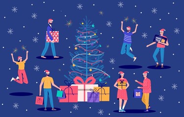 Banner with people with people holding shopping bag for a great Christmas sale. Men and women are buying gifts. Vector illustration in cartoon trendy style.vector for advertisement, coupon or voucher
