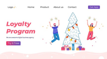 Christmas discount website sale banner with people holding shopping bag. Promotion of online store loyalty program, bonus, reward, discount card, coupon or voucher. Modern flat vector for ad