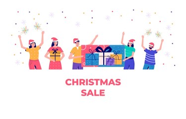 Banner with people with people holding shopping bag for a great Christmas sale. Men and women are buying gifts. Vector illustration in cartoon trendy style.vector for advertisement, coupon or voucher - 469638761