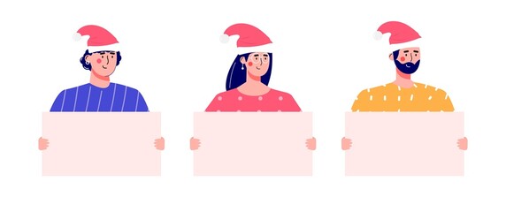 Banner with people with people holding empty placard for Christmas sale. Men and women . Vector illustration in cartoon trendy style.vector for advertisement, coupon or voucher