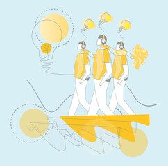 Great creative idea and innovation concept - Young men listening to music cartoon characters standing walking and working together showing bright ideas in mind with light bulb vector illustration