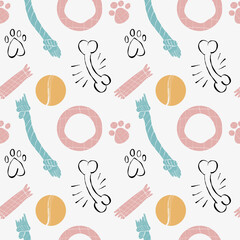 seamless vector pattern, pattern with toys for pets, dogs, cats, soft tones