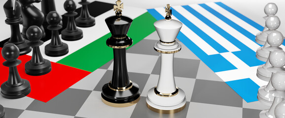 United Arab Emirates and Greece - talks, debate or dialog between those two countries shown as two chess kings with national flags that symbolize subtle art of diplomacy, 3d illustration