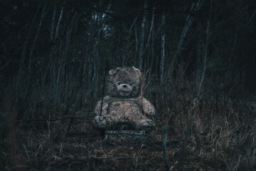 lost creepy toy. strange and creepy object in the forest.