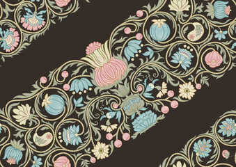 Fantasy flowers in retro, vintage, embroidery style. Seamless pattern, background. Colored vector illustration in soft pastel colors