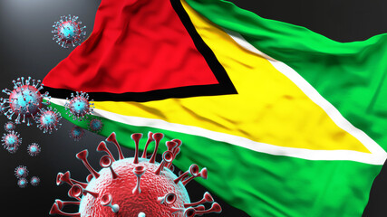 Guyana and the covid pandemic - corona virus attacking national flag of Guyana to symbolize the fight, struggle and the virus presence in this country, 3d illustration