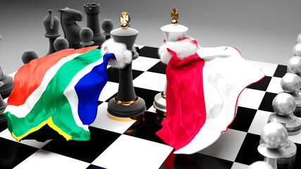 South Africa Poland - debate and dialog between those two countries shown as two chess kings with national flags that symbolize the subtle art of diplomacy, 3d illustration
