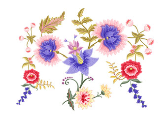 Obraz na płótnie Canvas Fantasy flowers in retro, vintage, jacobean embroidery style. Clip art, set of elements for design Vector illustration.