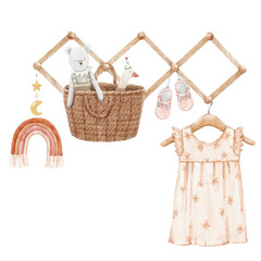 Beautiful stock baby illustration with very cute hand drawn watercolor girls wardrobe dress and basket of toys.