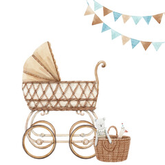 Beautiful stock illustration with very cute hand drawn watercolor boys baby carriage and basket of toys.