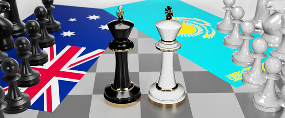 Australia and Kazakhstan - talks, debate, dialog or a confrontation between those two countries shown as two chess kings with flags that symbolize art of meetings and negotiations, 3d illustration