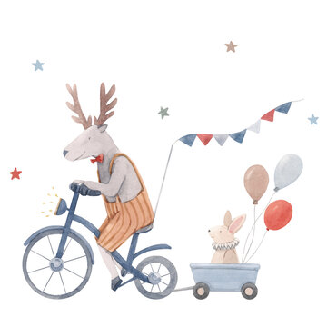 Beautiful stock baby illustration with very cute hand drawn watercolor deer on bike with rabbit in carriage and air baloons.