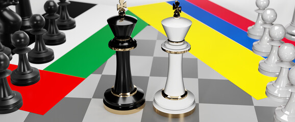 United Arab Emirates and Colombia - talks, debate or dialog between those two countries shown as two chess kings with national flags that symbolize subtle art of diplomacy, 3d illustration