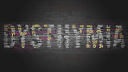 Dysthymia - essential subjects and terms related to Dysthymia arranged by importance in a 2-color word cloud poster. Reveal primary and peripheral concepts related to XXX, 3d illustration