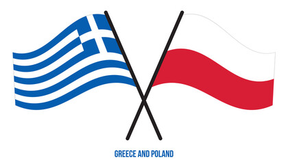 Greece and Poland Flags Crossed And Waving Flat Style. Official Proportion. Correct Colors.