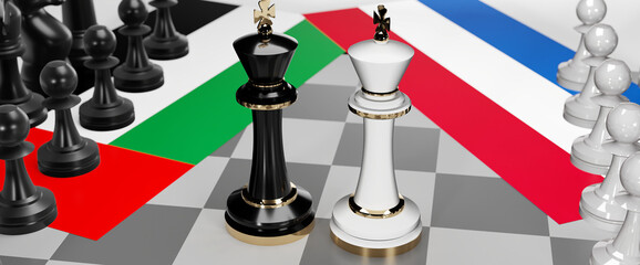 United Arab Emirates and Netherlands - talks, debate or dialog between those two countries shown as two chess kings with national flags that symbolize subtle art of diplomacy, 3d illustration