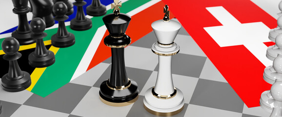 South Africa and Switzerland - talks, debate, dialog or a confrontation between those two countries shown as two chess kings with flags that symbolize art of meetings and negotiations, 3d illustration